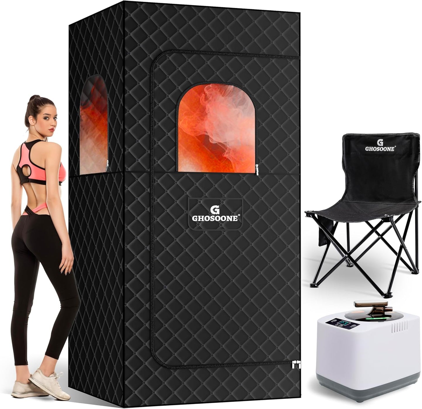 Portable Steam Sauna Box, 1200W Generator, Remote Control, 9 Levels, GHOSOONE