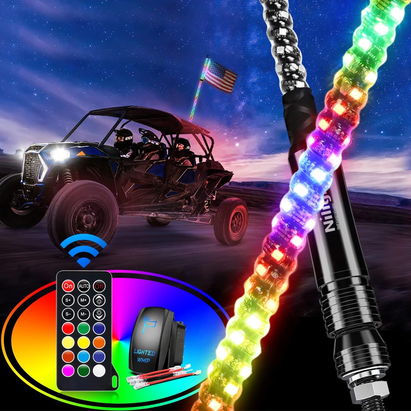 Nilight 2FT Spiral RGB Led Whip Light with Remote Control