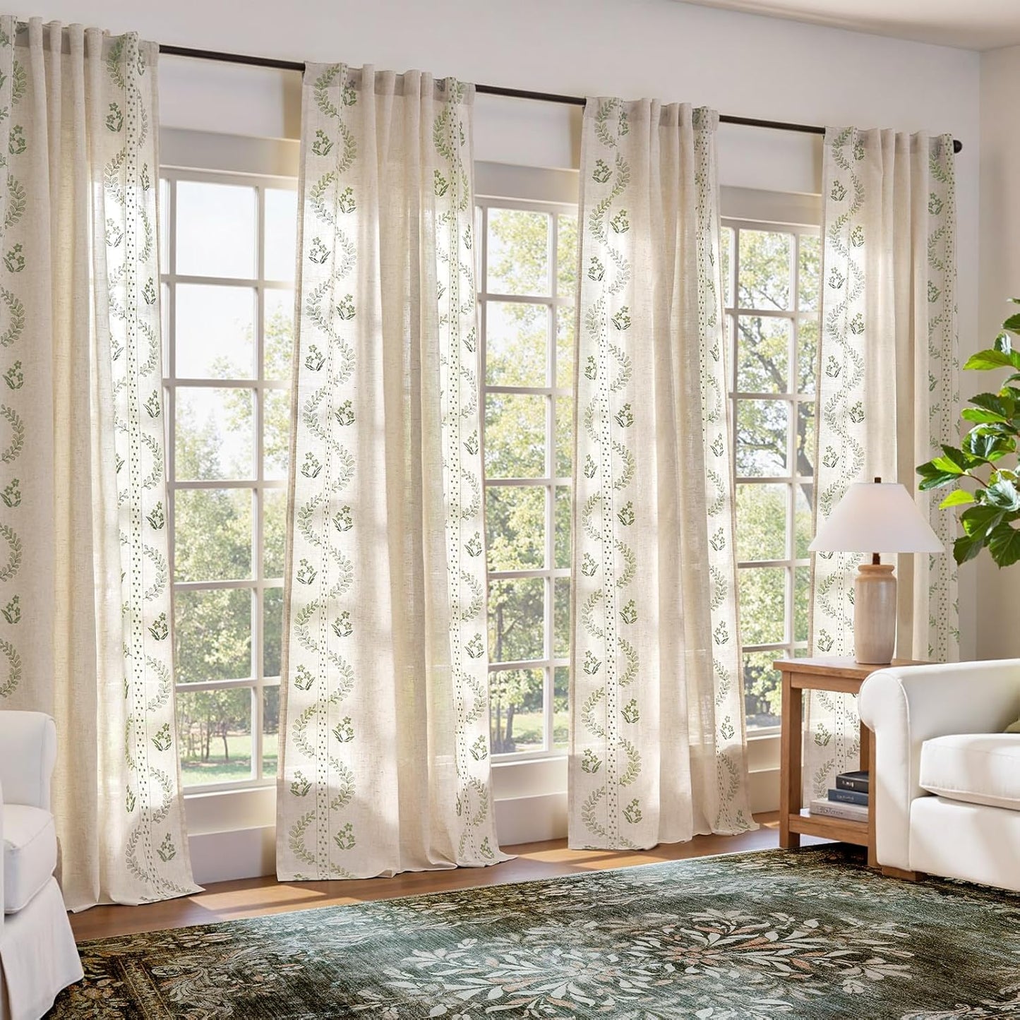 Floral Linen Curtains Set of 4 for Living Room & Bedroom