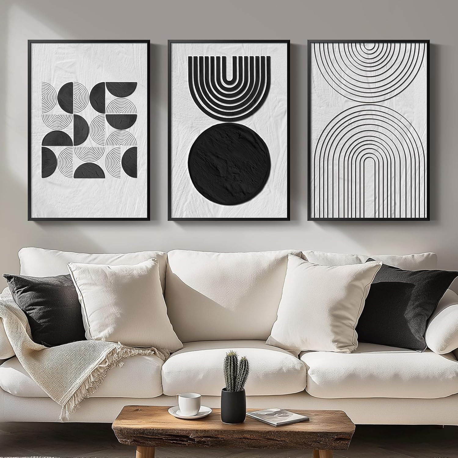 Large Framed Black and White Abstract Wall Art Set of 3