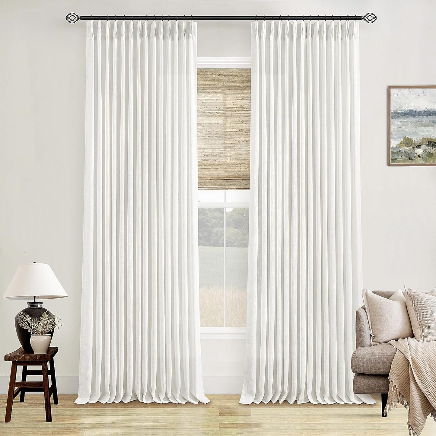 Beige White Pinch Pleated Linen Curtains for Elegant Living Spaces