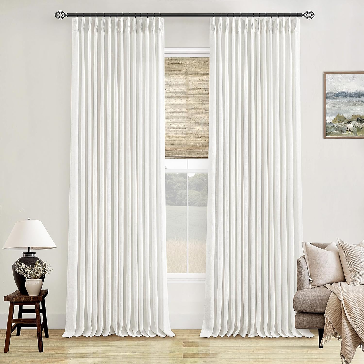 Beige White Pinch Pleated Linen Curtains for Elegant Living Spaces
