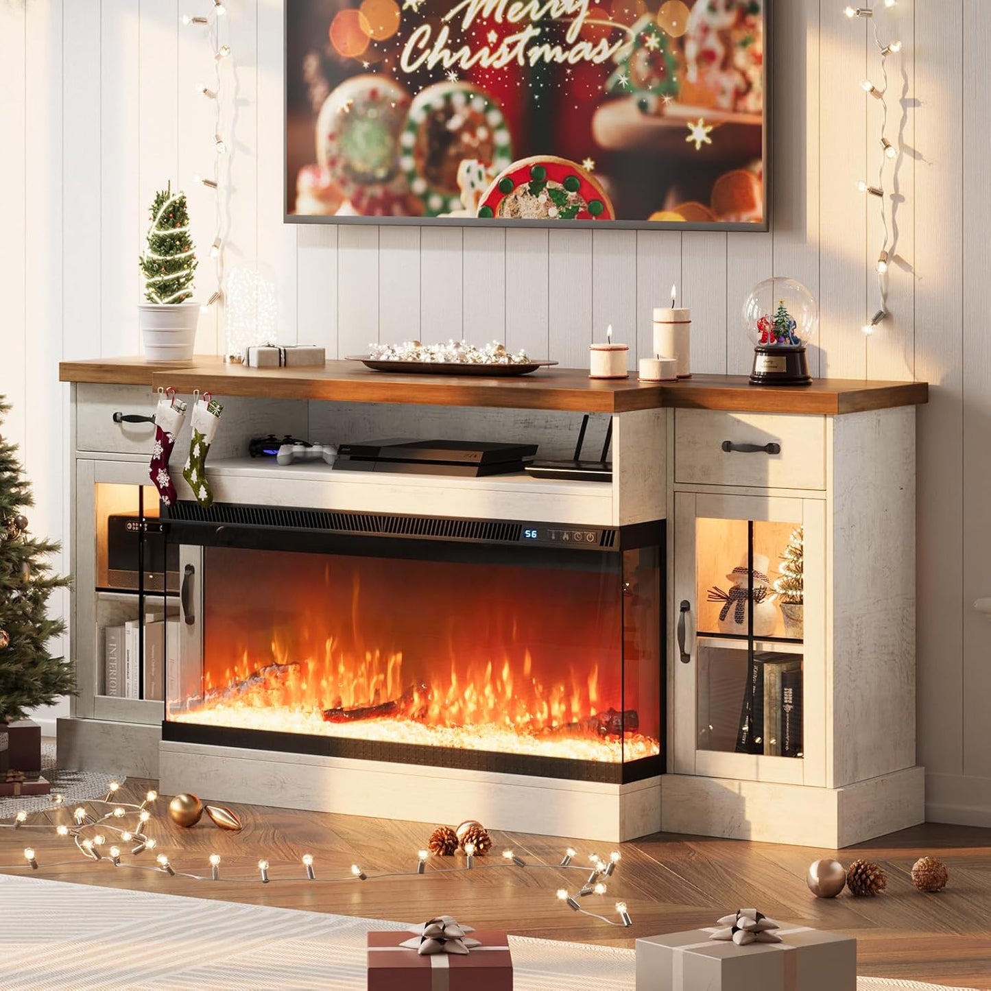4 EVER WINNER Electric Fireplace TV Stand: 80 TV, Adjustable Storage, LED Lights