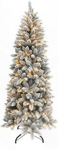 Prelit Snow Flocked Pencil Christmas Tree 7FT - Slim LED Holiday Tree