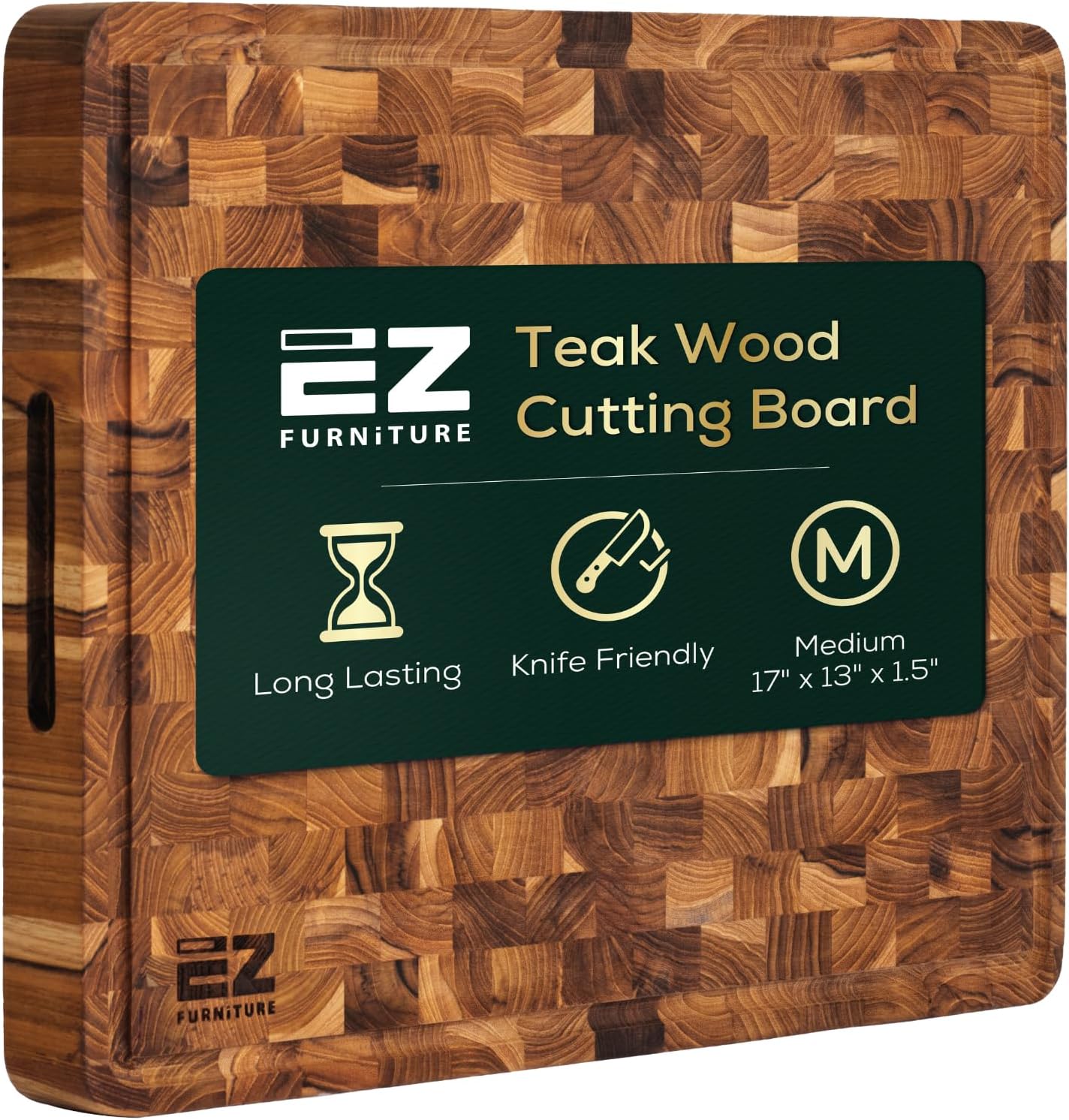 17 x 13 Inch Teak Wood Cutting Board with Juice Groove & Handles