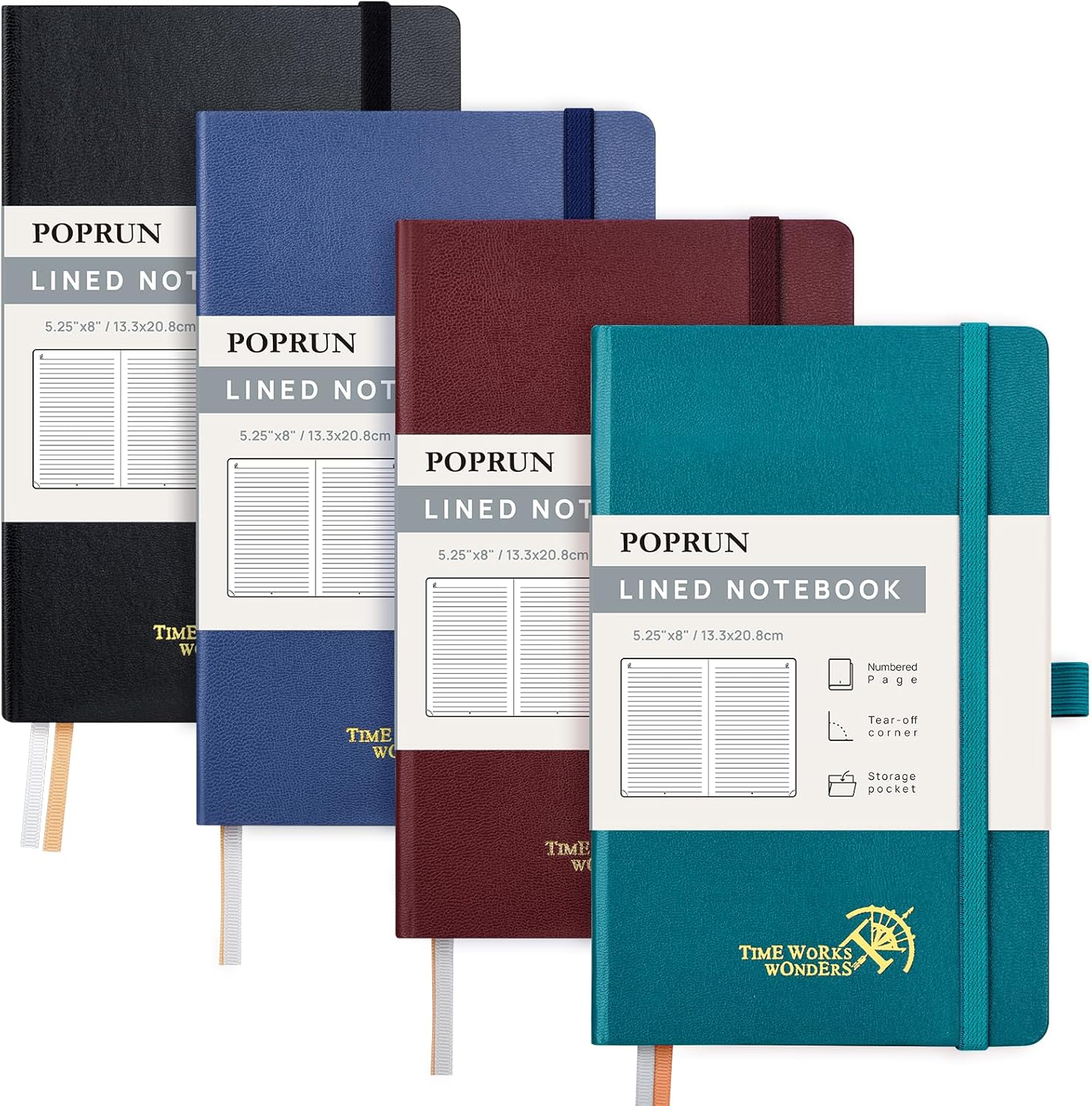 POPRUN 4 PCS Medium Lined Journal Set, Thick 120GSM Paper, 128 Pages, Hardcover, Index Tabs - Work & Study