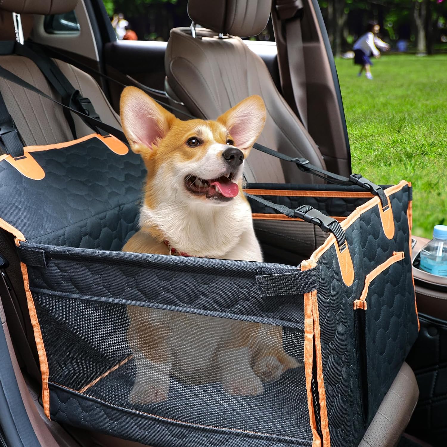 Dog Car Seat for Medium Small Dogs with Safety Belt & Storage