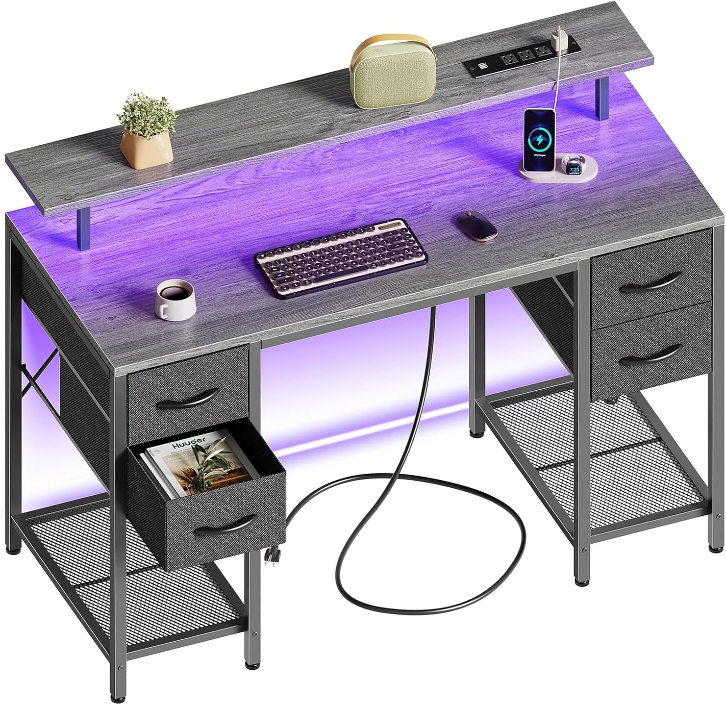 Huuger 47 inch Computer Desk with Drawers and LED Lights