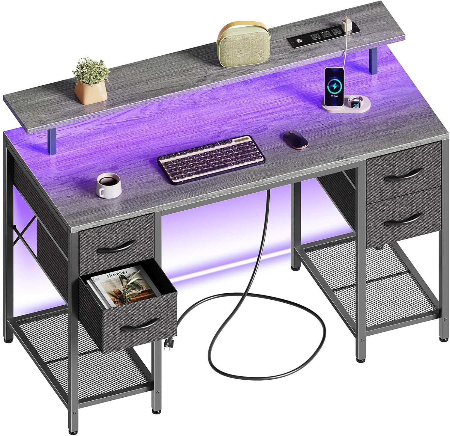 Huuger 47 inch Computer Desk with Drawers and LED Lights