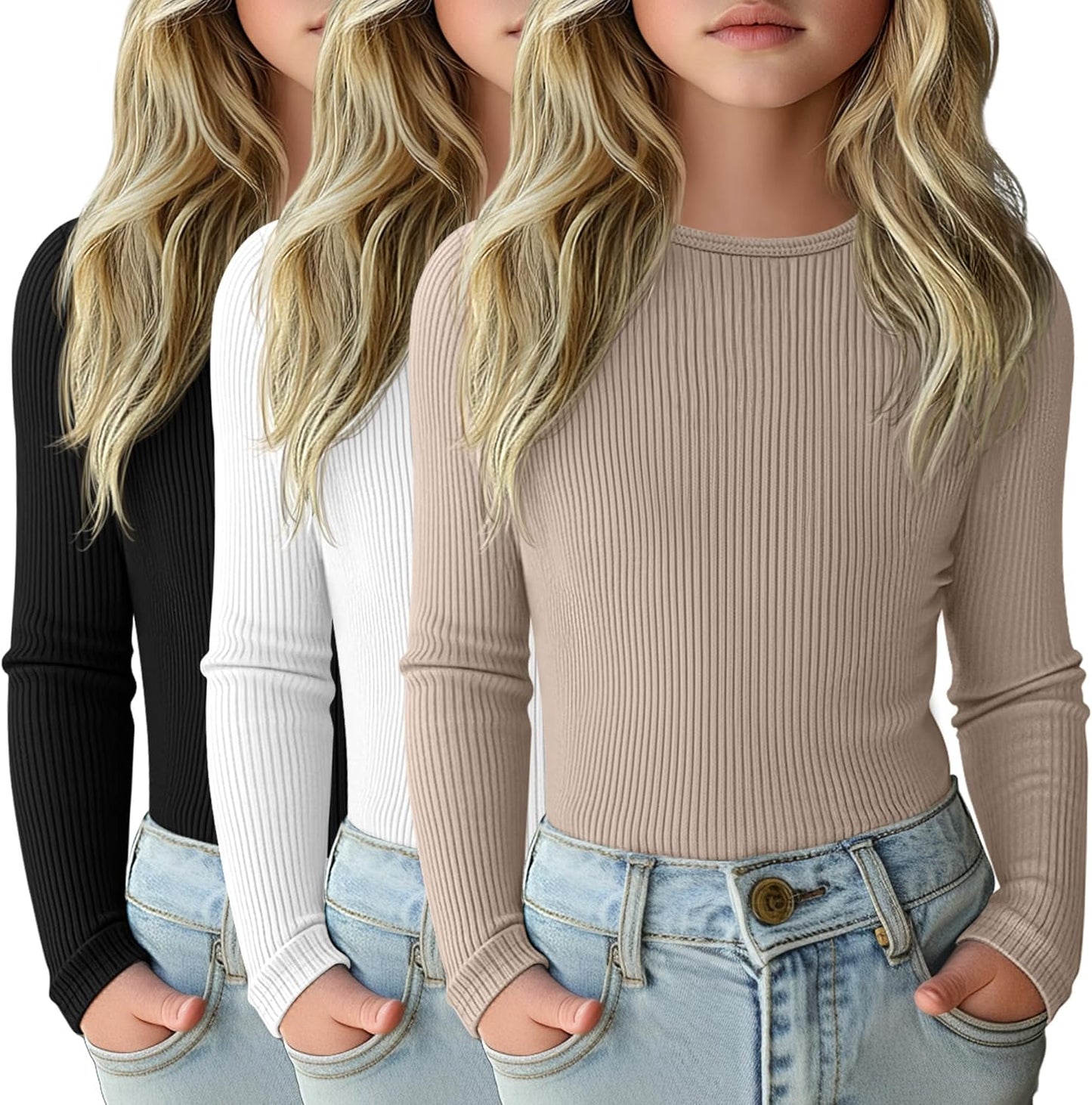 3 Pack Girls Long Sleeve Shirts for Casual Layering and Comfort