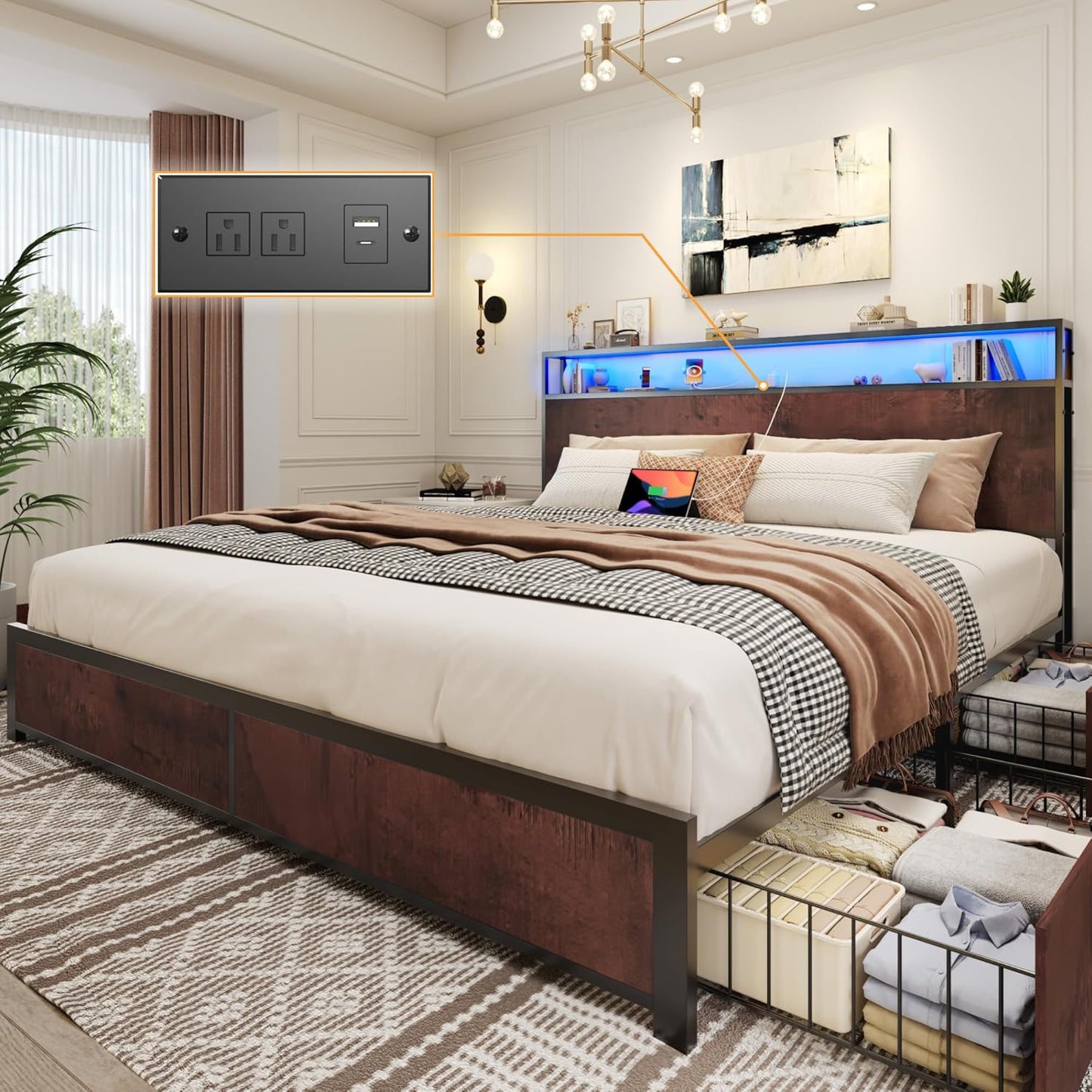 Lifezone King Bed Frame with Storage Headboard and LED Lights