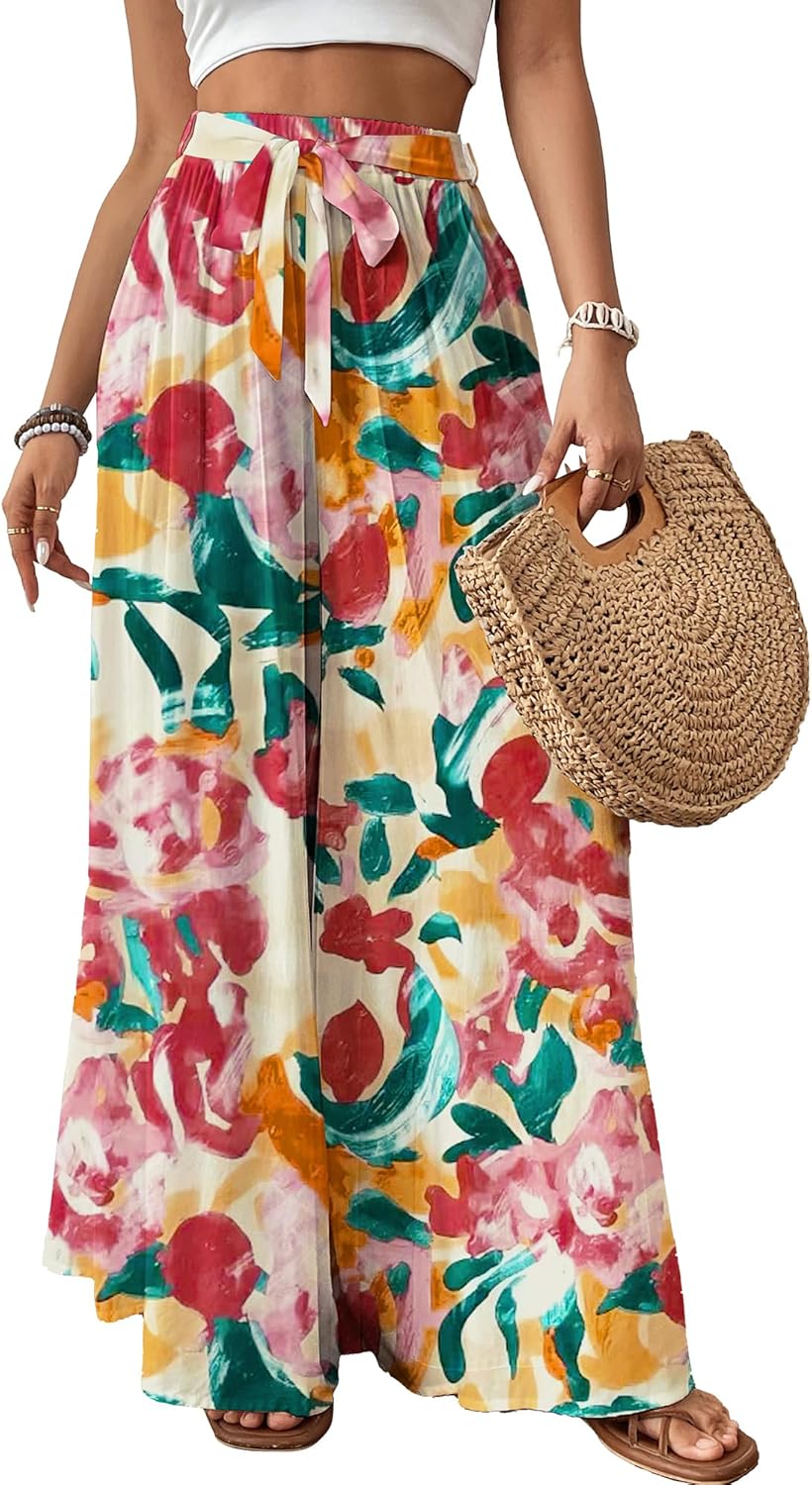 Bsubseach Wide Leg Pants for Women - Flowy Floral Palazzo Style