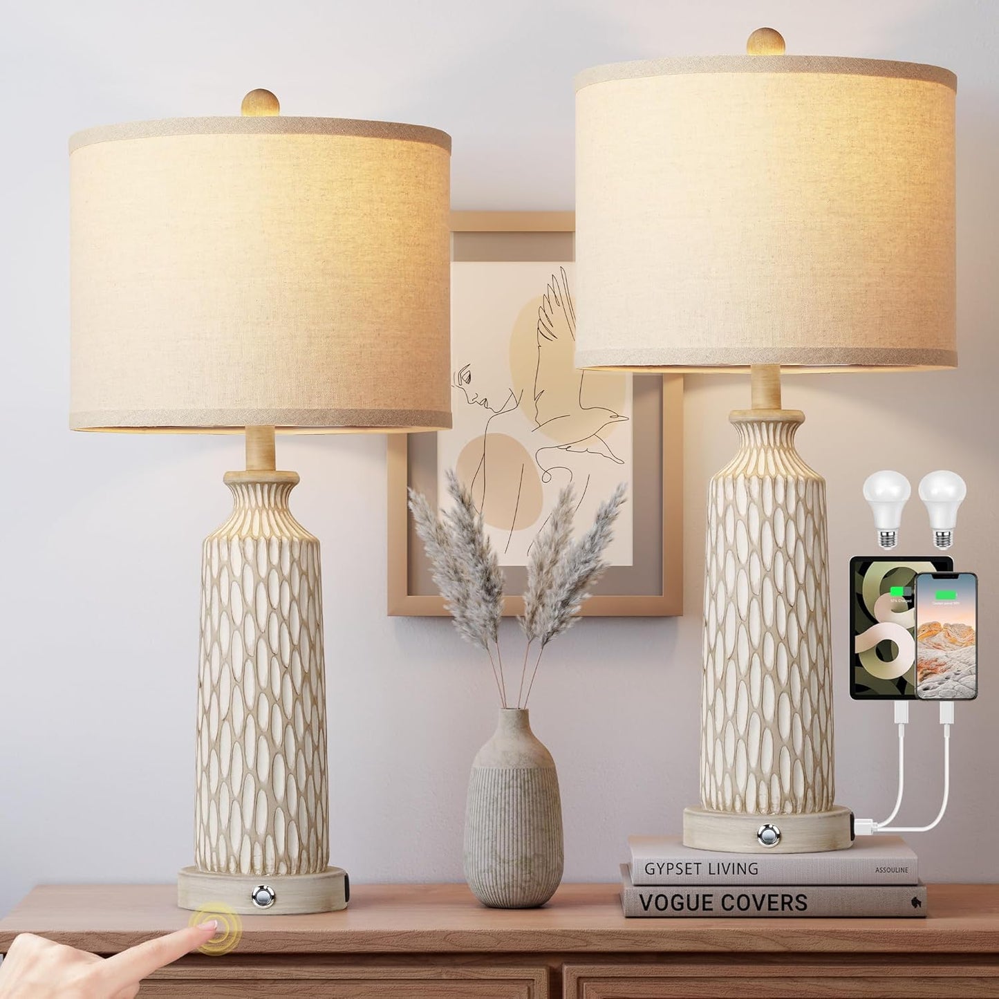 QiMH Table Lamp Set of 2 with USB Ports for Living Room
