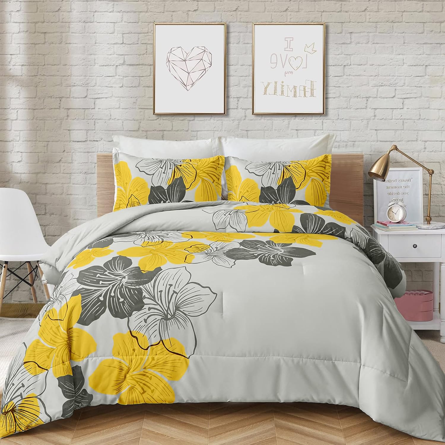 Menghomeus King Comforter Set with Yellow Floral Design