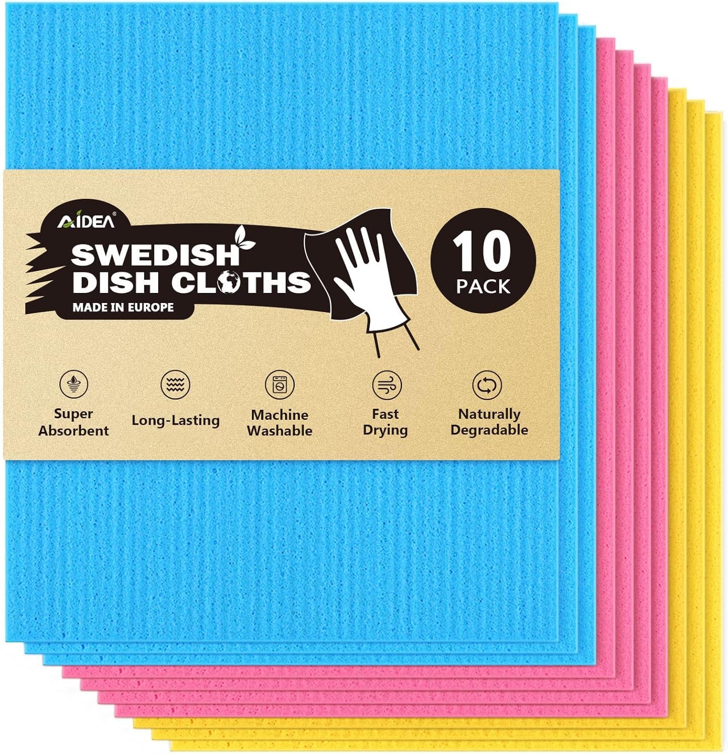 Reusable Swedish Dishcloths by AIDEA, 10PK, Absorbent & Washable Kitchen Towels