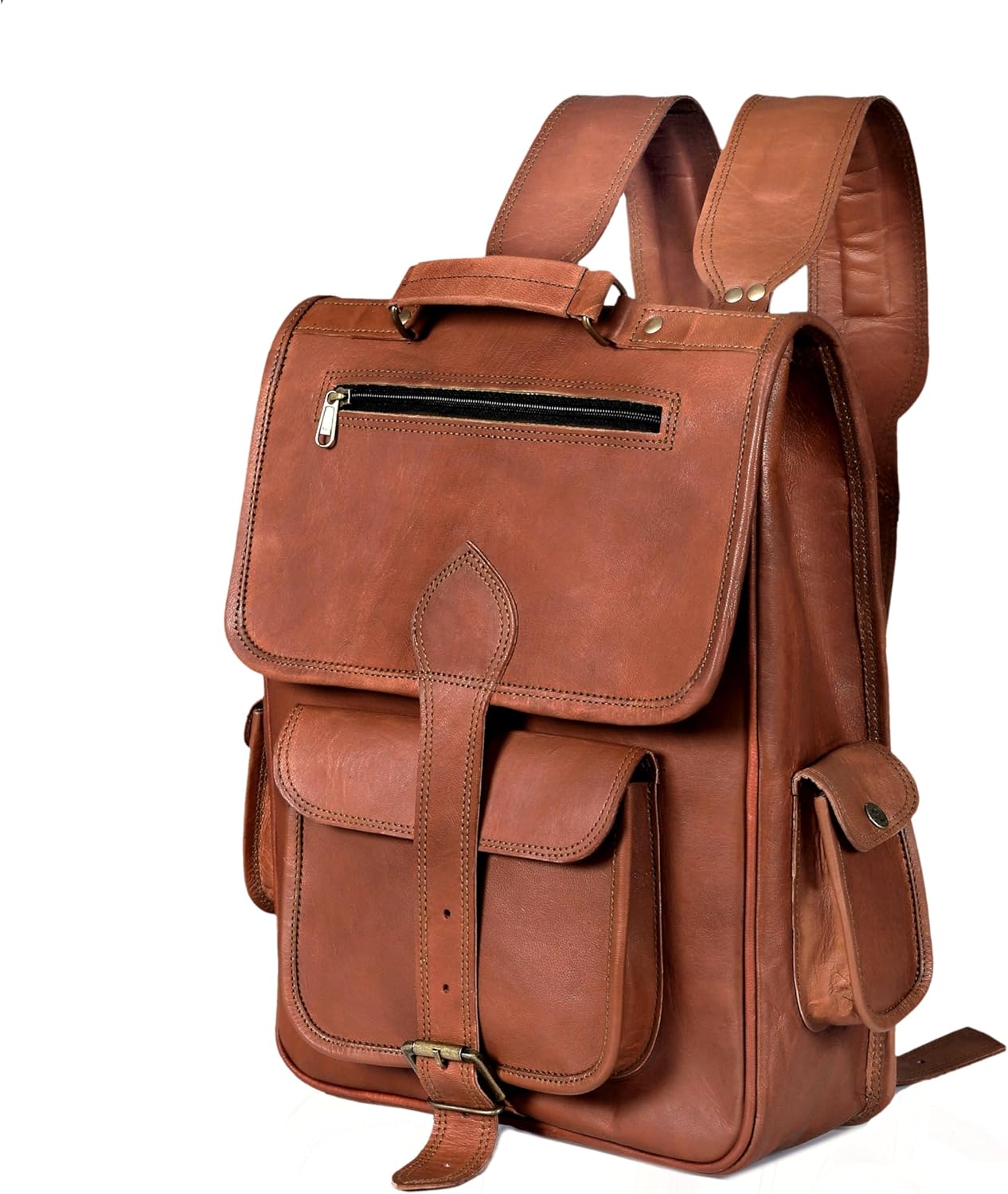 Vintage Full Grain Leather Laptop Backpack for Travel and Camping