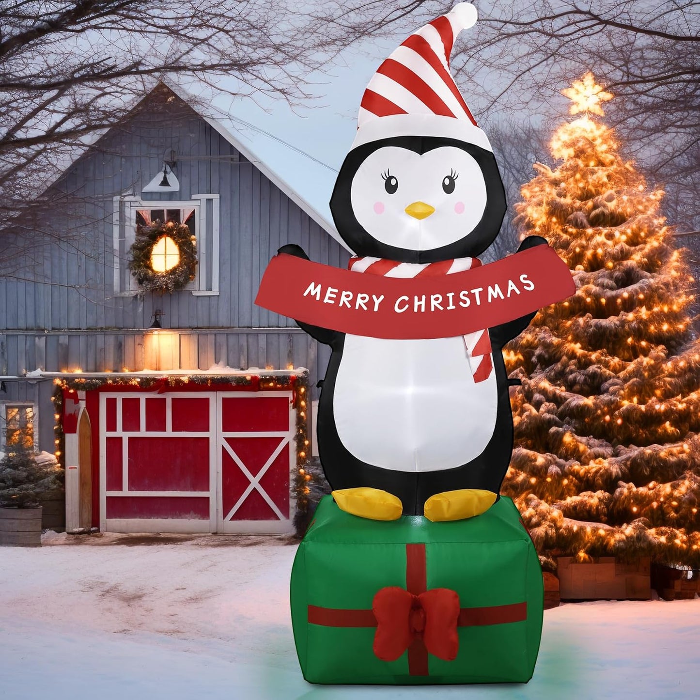 6FT Christmas Penguin Inflatables with LED Lights for Yard