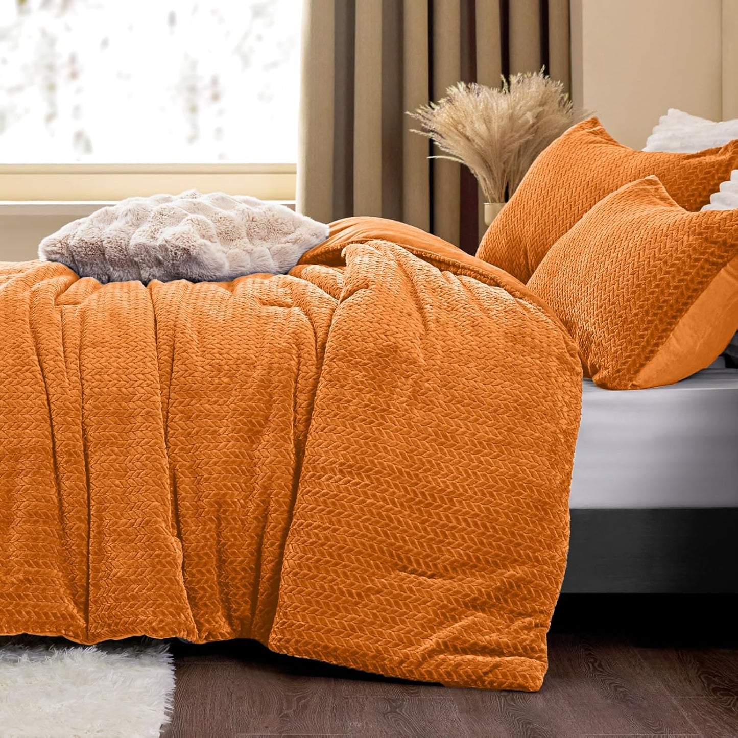 Fluffy Comforter King Set - Furry Burnt Orange Leaves Pattern