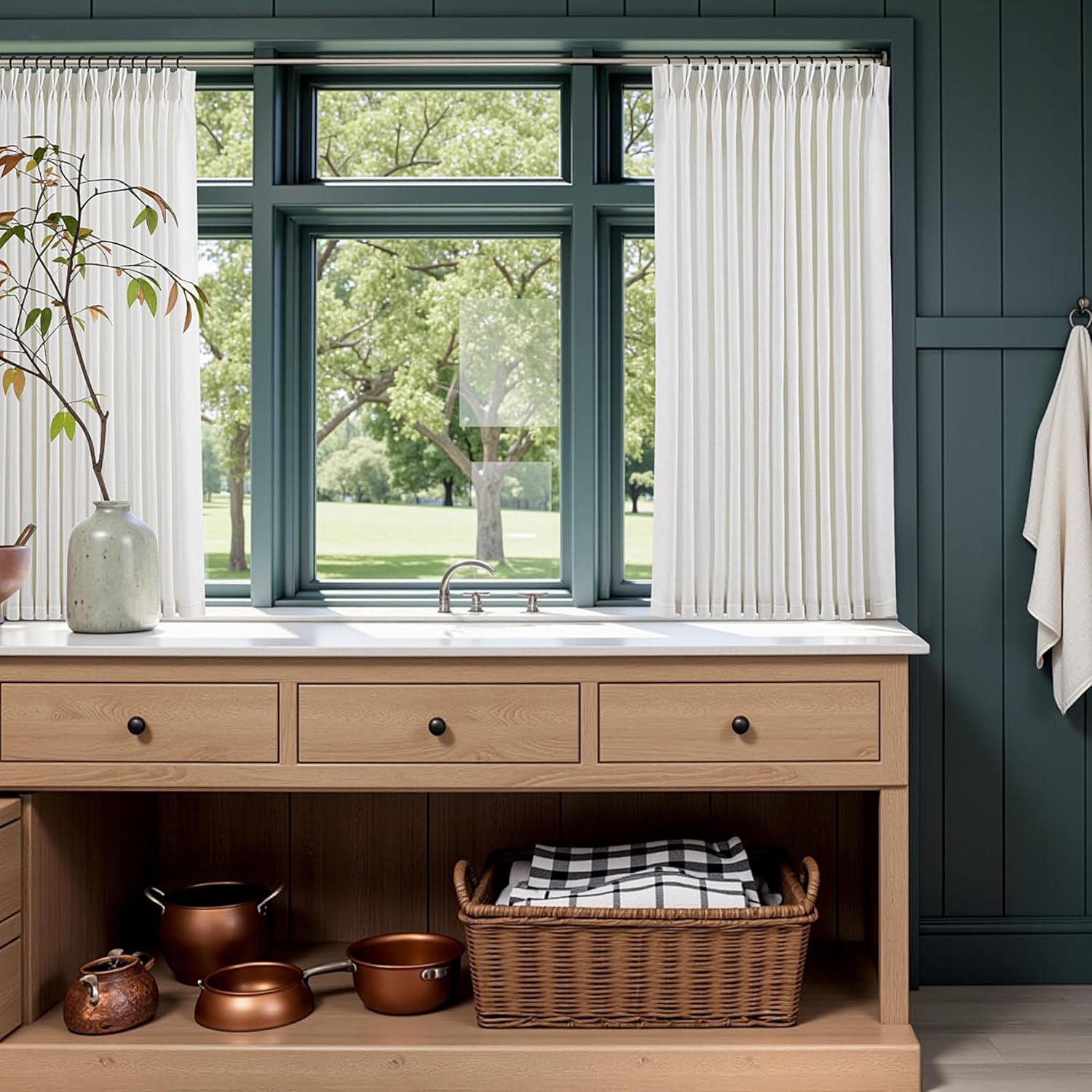 Beige White Pinch Pleated Semi Sheer Curtains for Small Windows