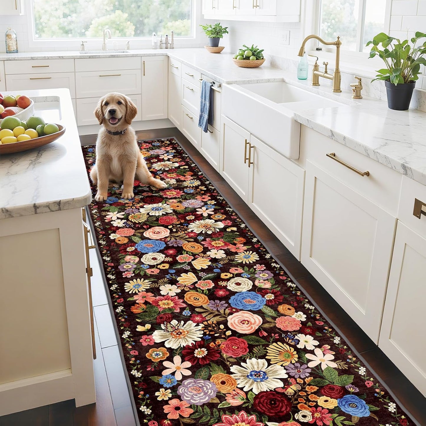 Floral Hallway Runner Black Carpet Non-Slip 2x10 Rug for Home