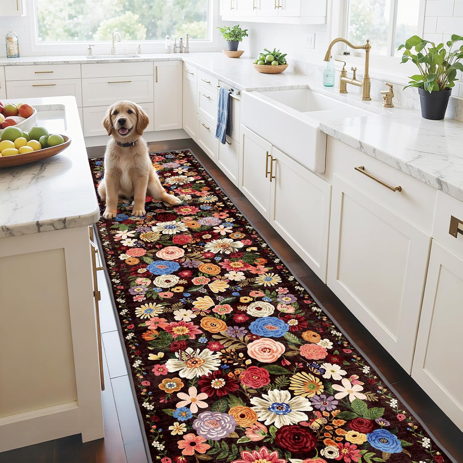 Floral Hallway Runner Black Carpet Non-Slip 2x10 Rug for Home