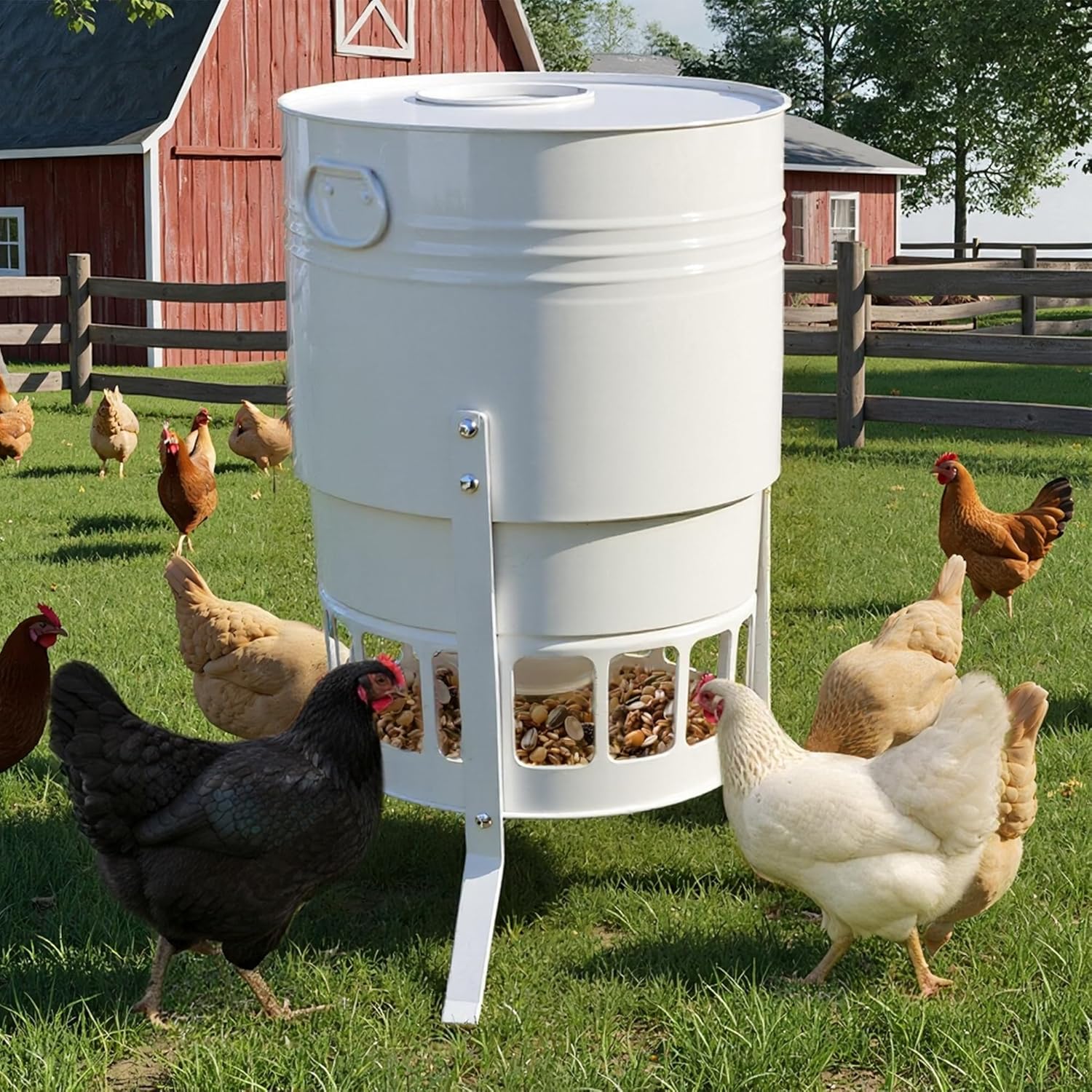 KOL Metal Chicken Feeder - 50lbs Poultry Feeder with 16 Ports