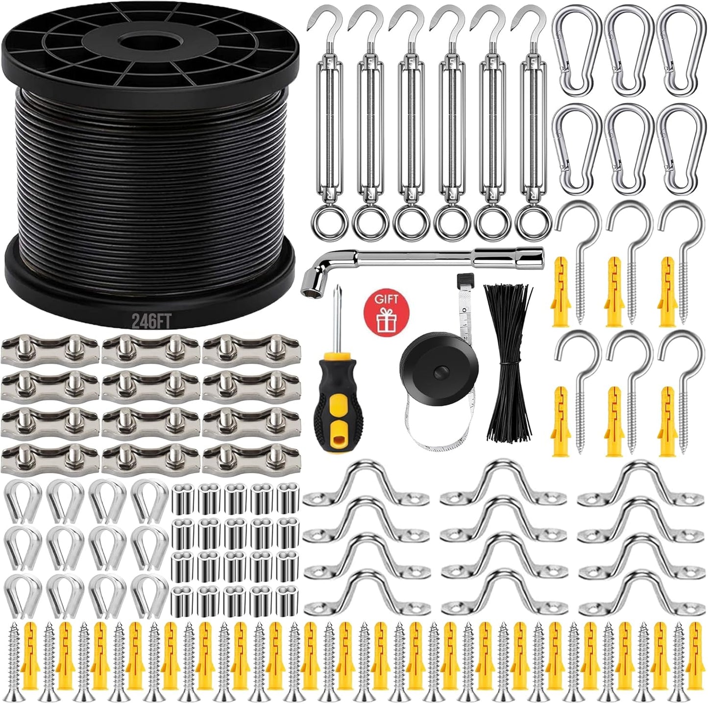 246FT Black Vinyl Coated Stainless Steel Wire Rope Cable Kit