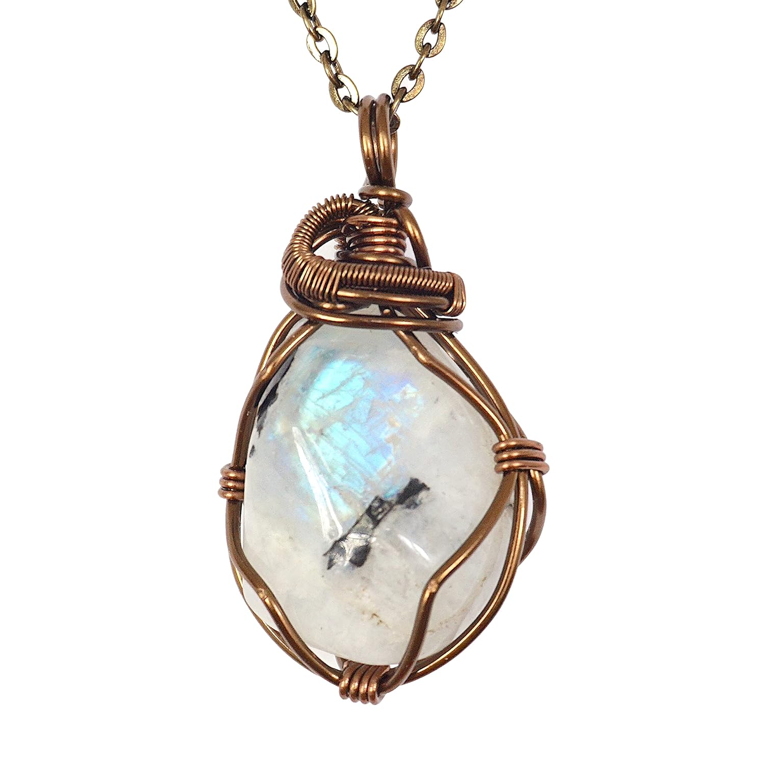 Handmade Rainbow Moonstone Necklace with Antique Bronze Chain