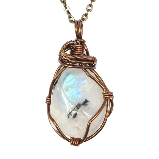 Handmade Rainbow Moonstone Necklace with Antique Bronze Chain