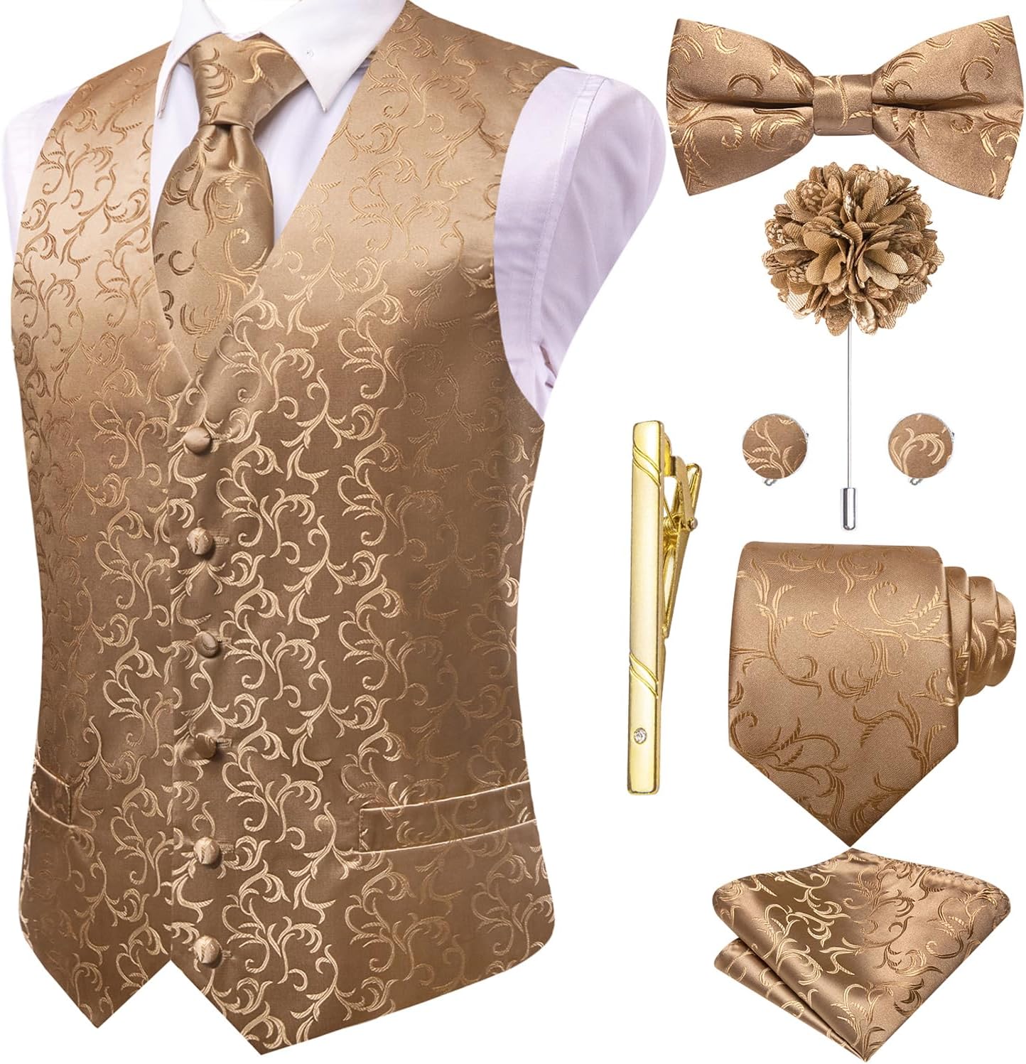 Hi-Tie Silk Mens Suit Vest Set with Tie and Bowtie for Weddings