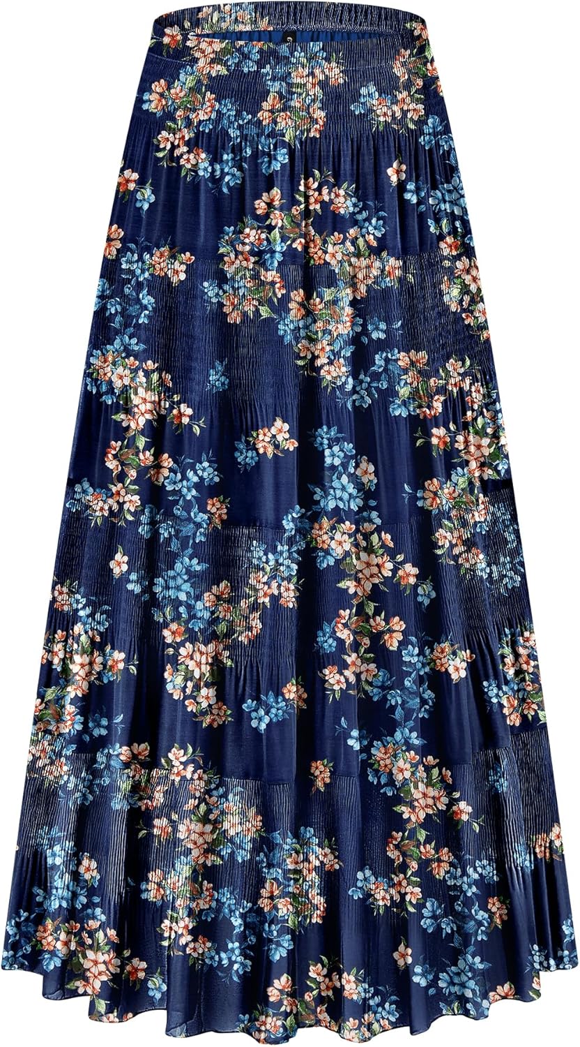 Chiffon Elastic High Waist Tiered Floral Maxi Skirt for Women