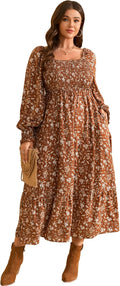 Plus Size Floral Maxi Dress Long Sleeve Square Neck - Flowy Fall