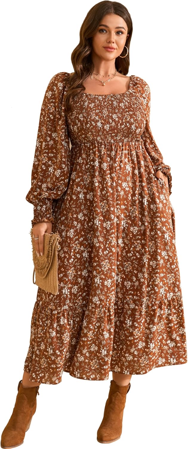 Plus Size Long Sleeve Floral Maxi Dress with Pockets for Women