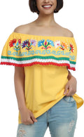 Women Mexican Embroidered Off-Shoulder Lace Falbala Top - Long Fit