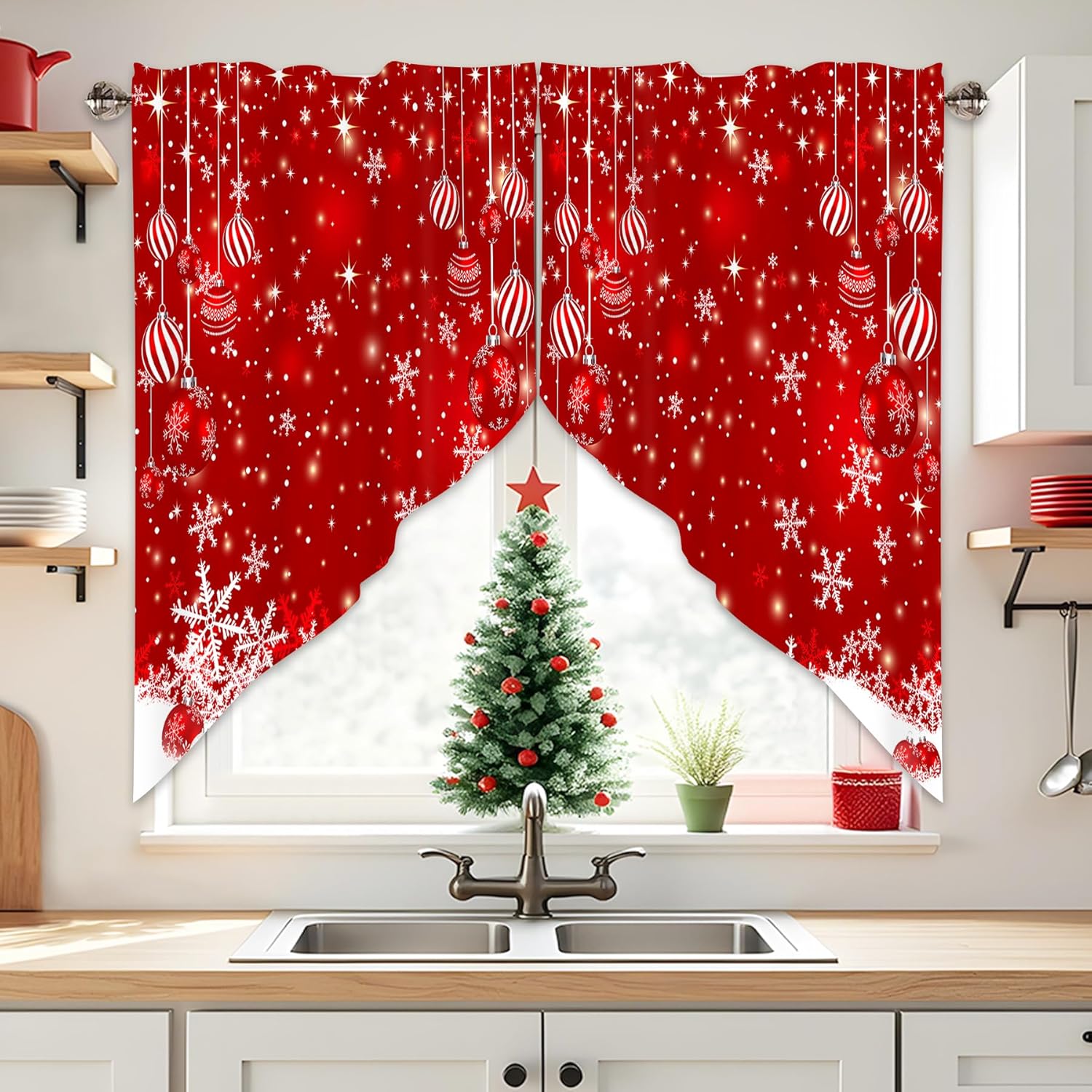 Christmas Swag Curtain Valance for Windows - Festive Red Decor