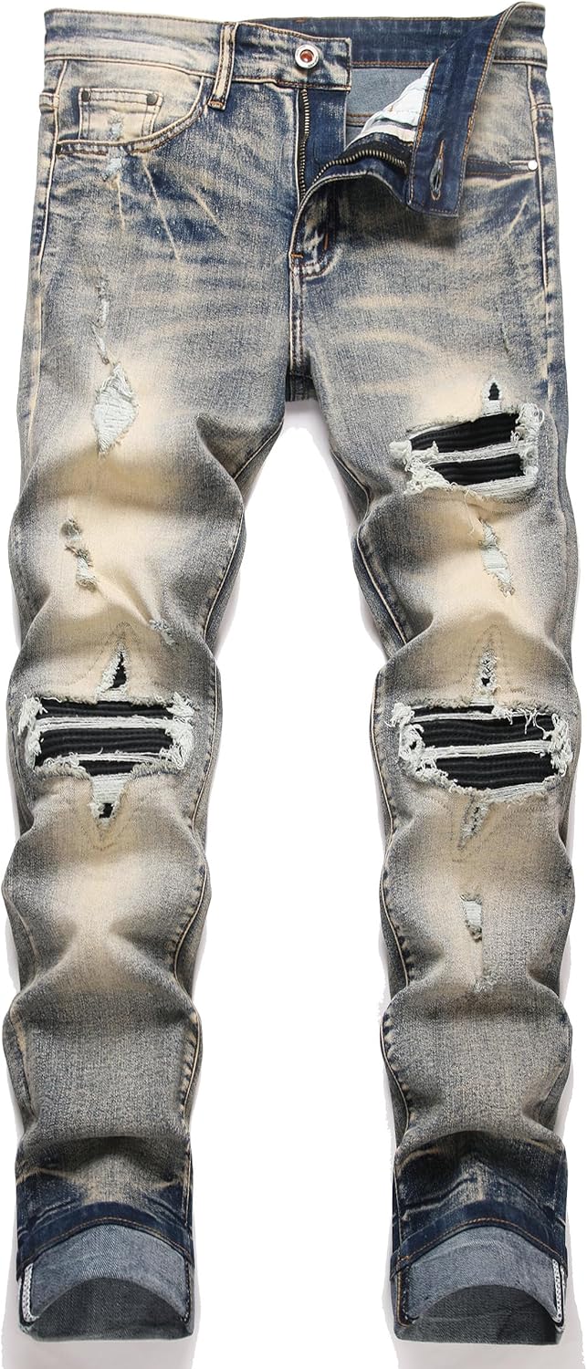AITITIA Men's Ripped Regular Fit Stretch Jeans for Comfort