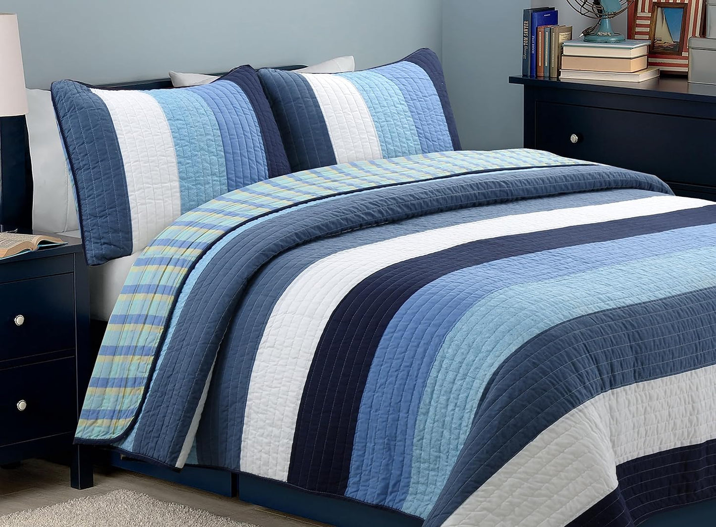 Cozy Line Home Fashions Navy Blue Striped Boy Quilt Set