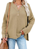Waffle Knit V Neck Sweater Henley - Casual Oversized Pullover