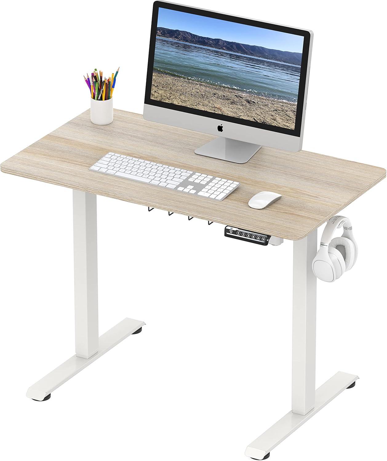 Electric Height Adjustable Sit to Stand Desk with Hooks