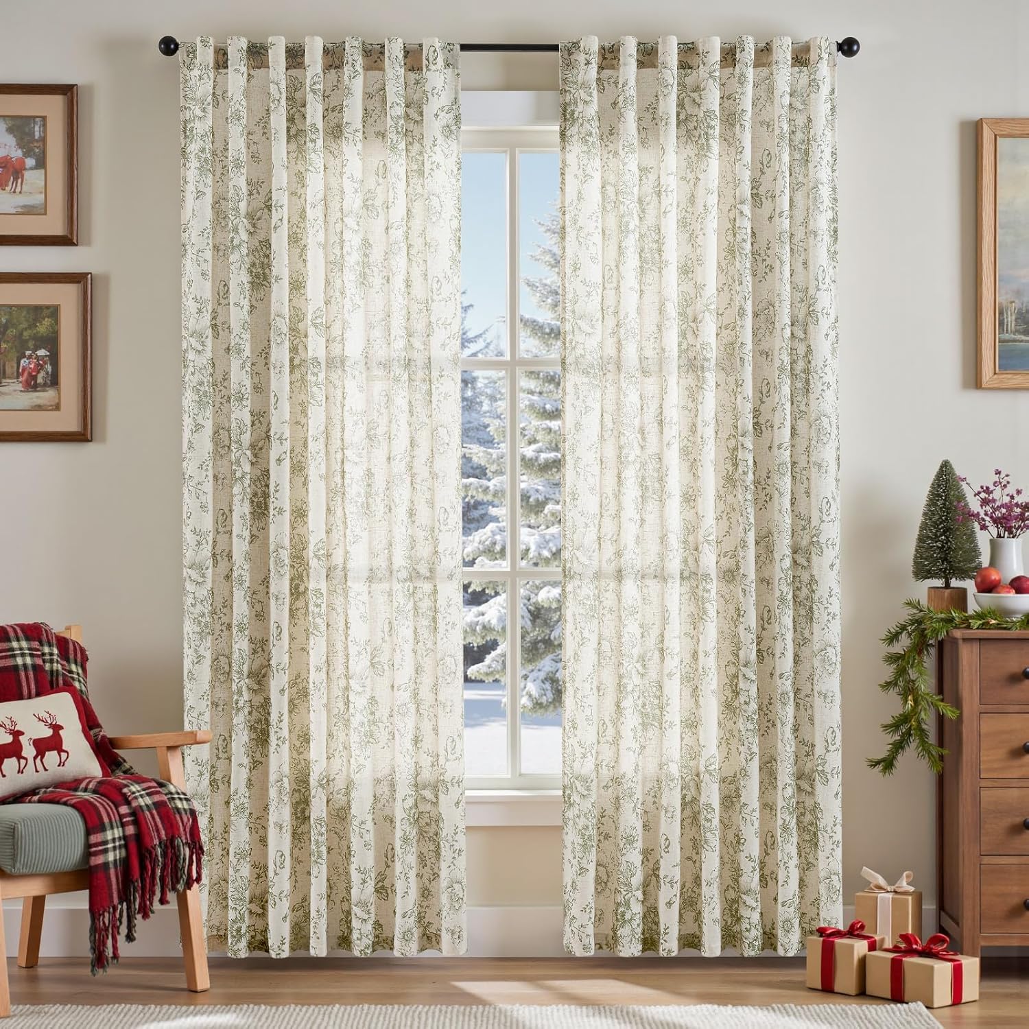 Elegant Floral Linen Blend Curtains for Living Room and Bedroom