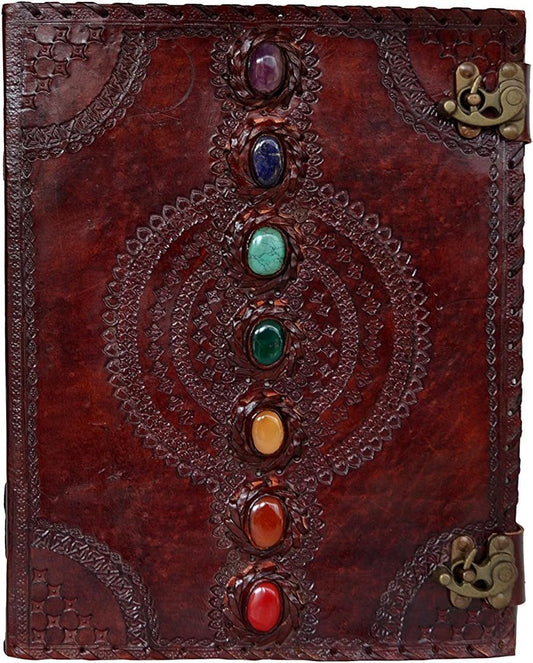 PRASTARA Handmade Leather Journal - 7 Chakra Stones - 10x13