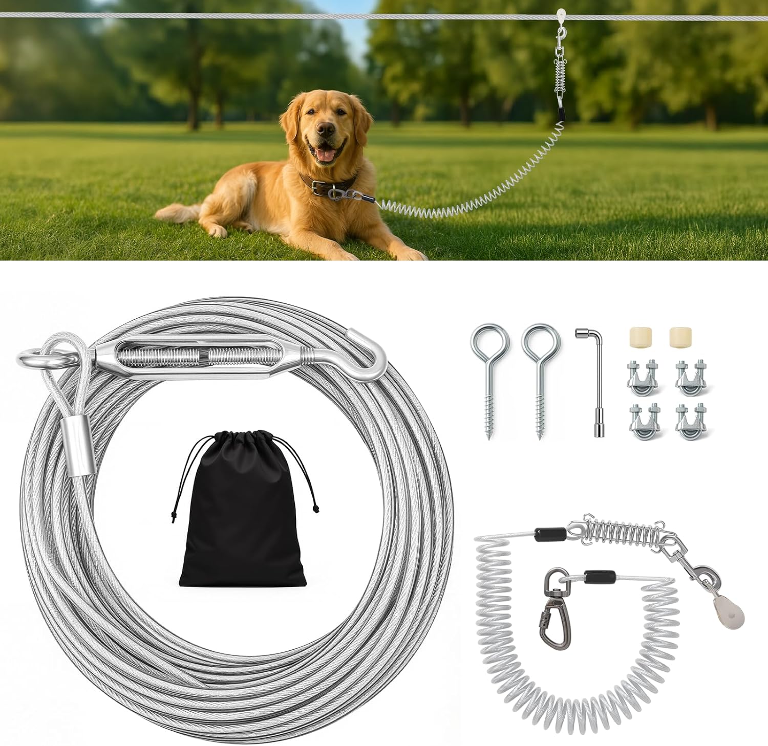 VST Dog Runner for Yard - Heavy Duty 100FT Zip Line System