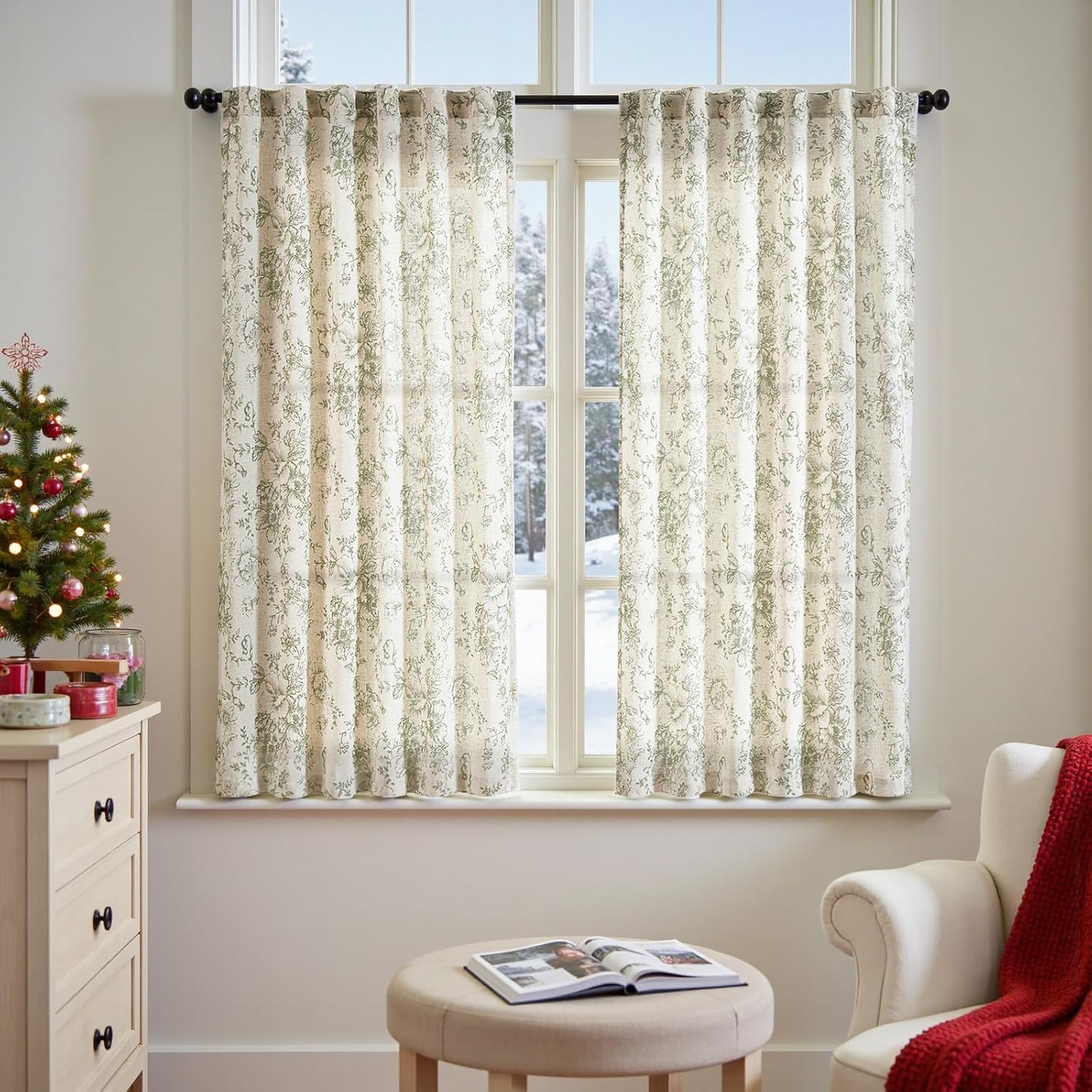 Floral Linen Blend Curtains for Living Room and Bedroom Decor