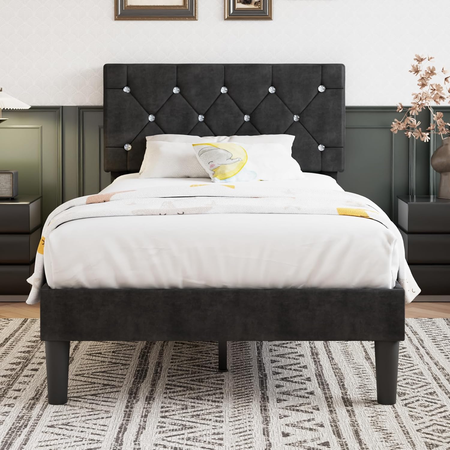 VECELO Twin Size Bed Frame with Adjustable Velvet Headboard