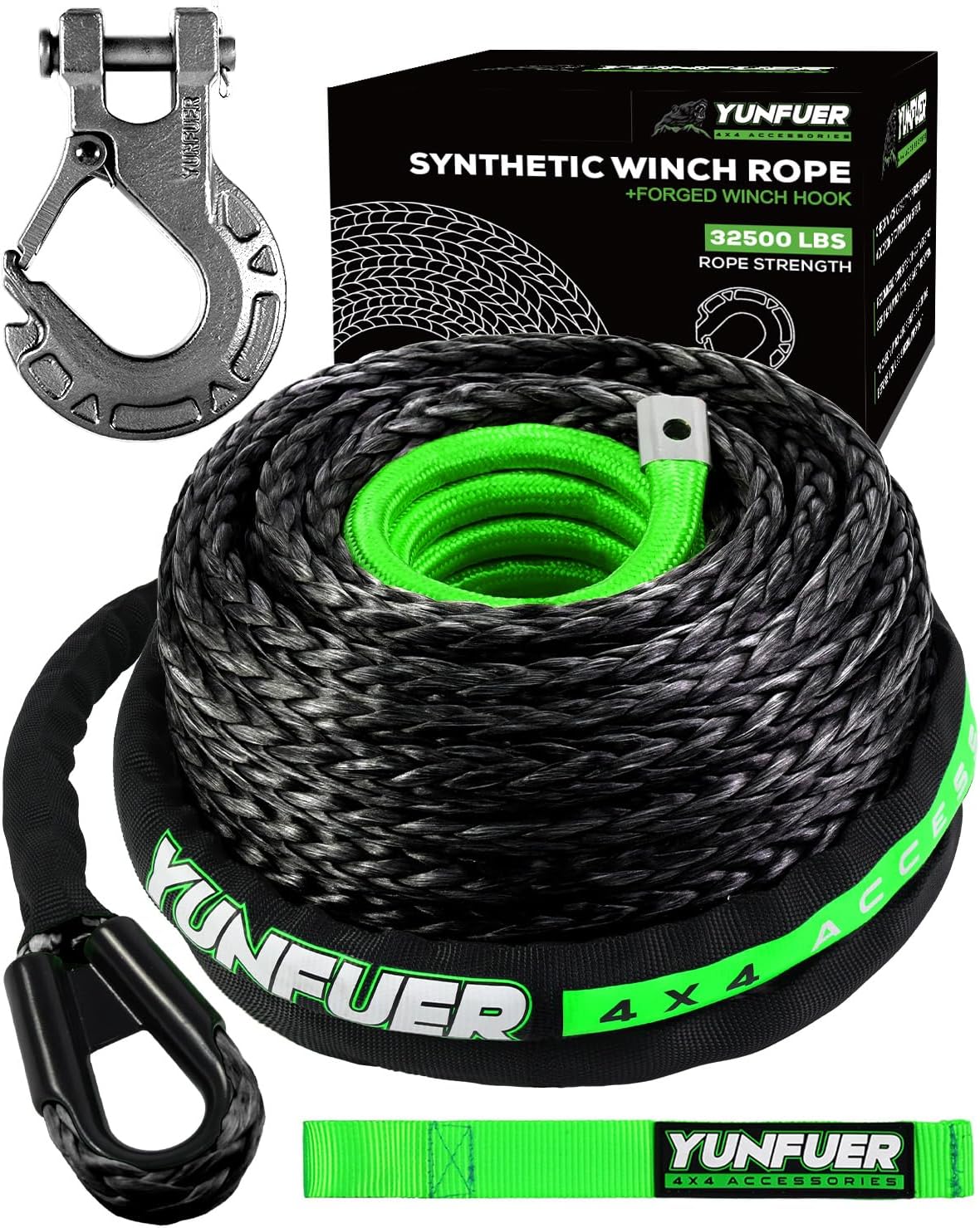 Synthetic Winch Rope with Hook, 1/2in x 85ft, 32500LBS Strength