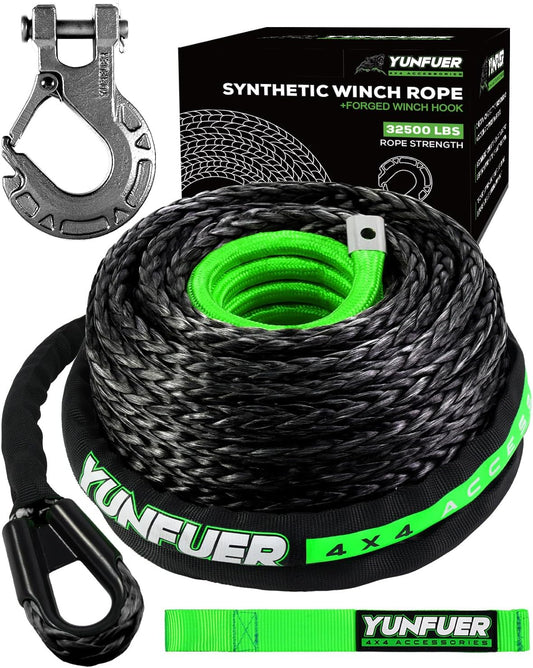 Synthetic Winch Rope with Hook, 1/2in x 85ft, 32500LBS Strength