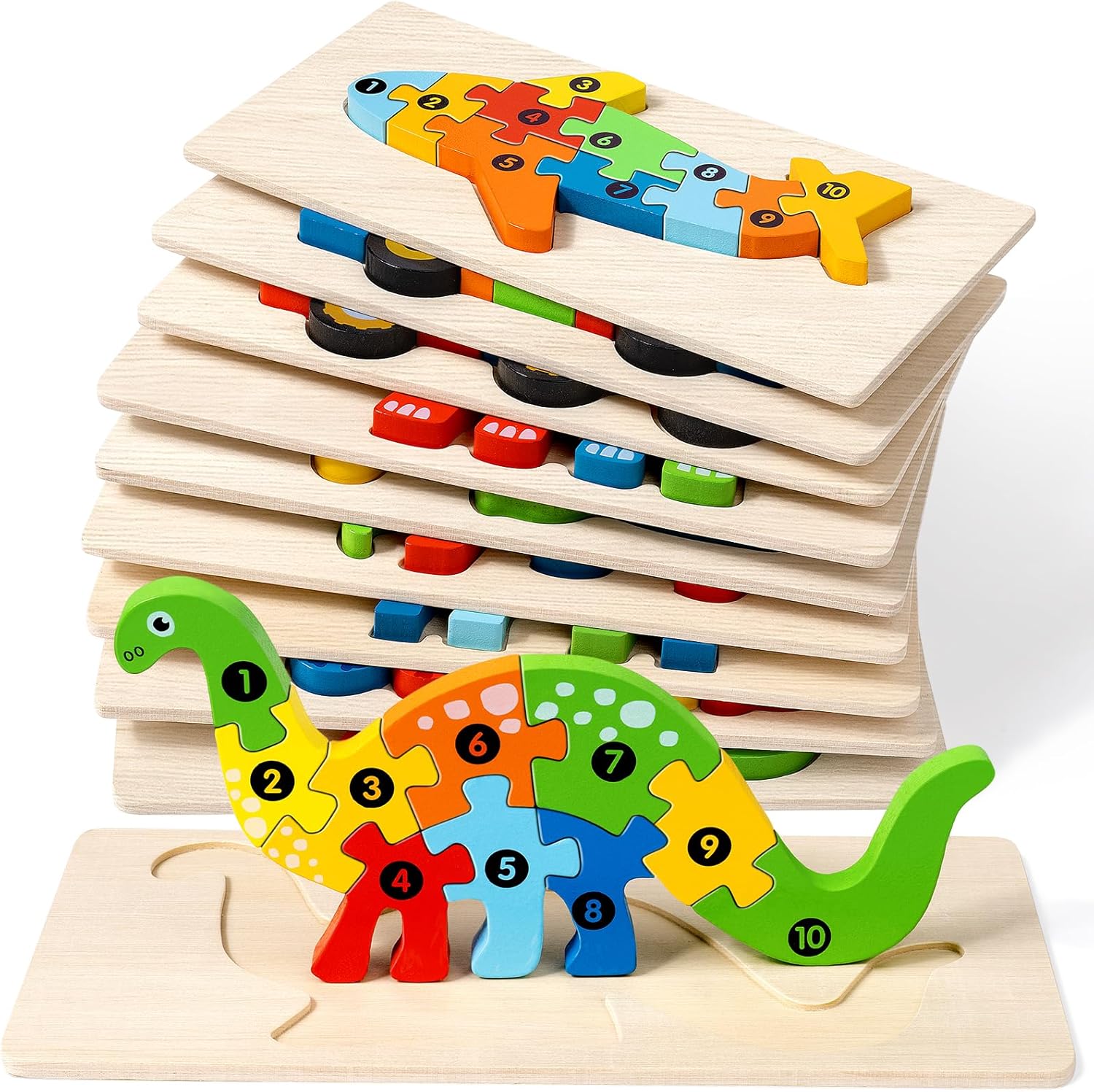 9 Pack Wooden Puzzles for Kids - Fun Animal and Dinosaur Toys