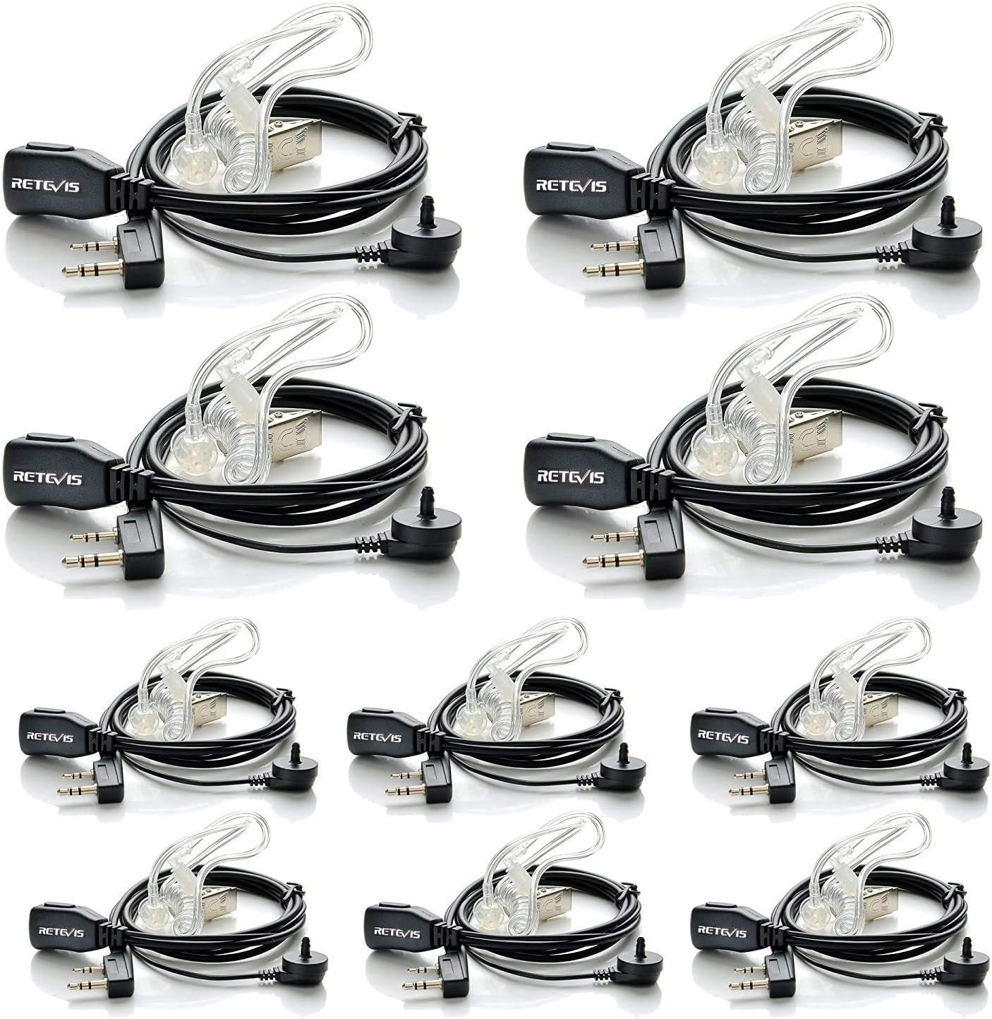 10-Pack Retevis Acoustic Tube Headset ~ 2 Pin Mic Earpiece
