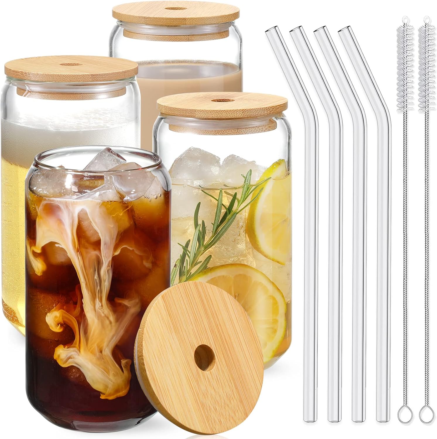 Bamboo Lid Glass Cups Set - 16oz: Coffee, Tea, Beer - 2 Brushes