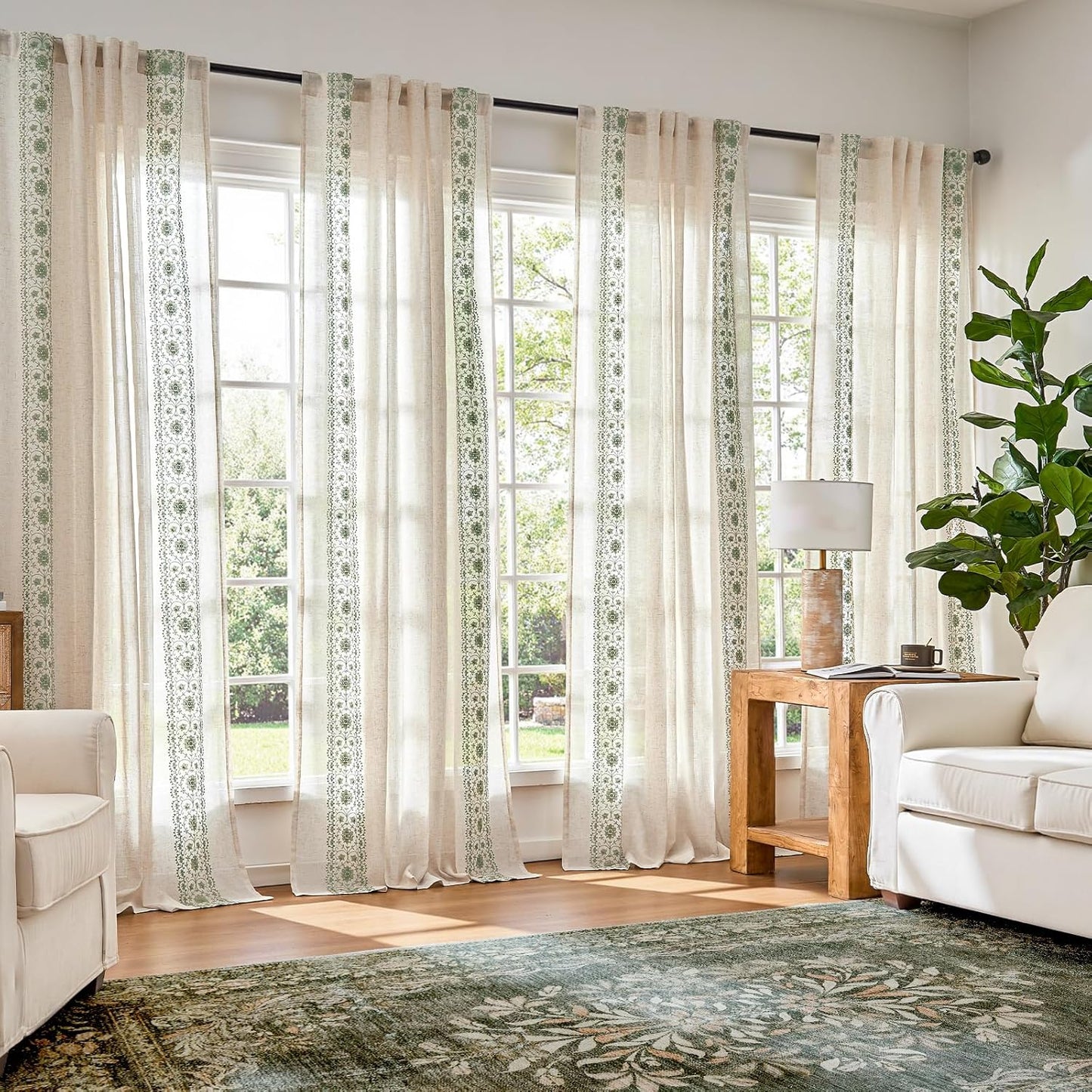 Weslie Boho Curtains 4 Panel Set in Sage Green Floral Design